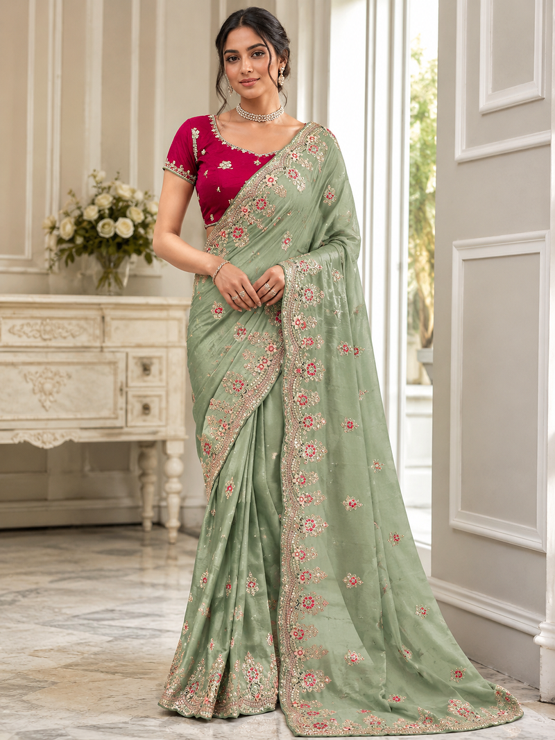 Light Parrot Green Color Golden Embroidery And Dori Work With Sequins Work All Over The Border Fandy Silk Saree