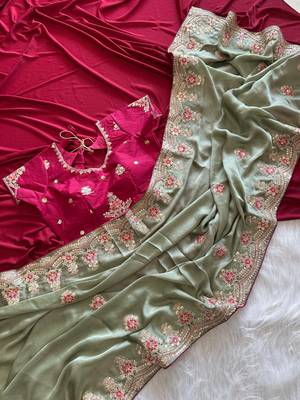 Light Parrot Green Color Golden Embroidery And Dori Work With Sequins Work All Over The Border Fandy Silk Saree 2
