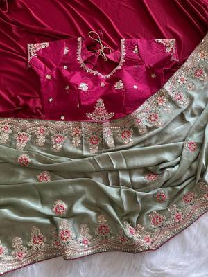 Light Parrot Green Color Golden Embroidery And Dori Work With Sequins Work All Over The Border Fandy Silk Saree 3