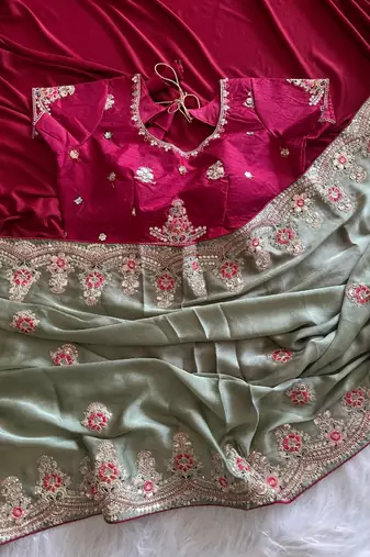 Light Parrot Green Color Golden Embroidery And Dori Work With Sequins Work All Over The Border Fandy Silk Saree