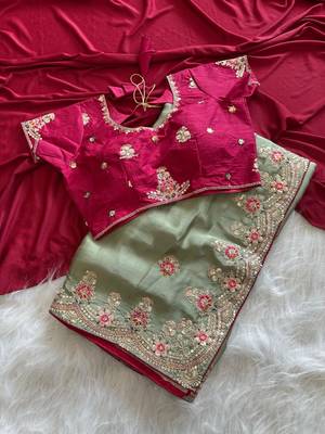 Light Parrot Green Color Golden Embroidery And Dori Work With Sequins Work All Over The Border Fandy Silk Saree 5