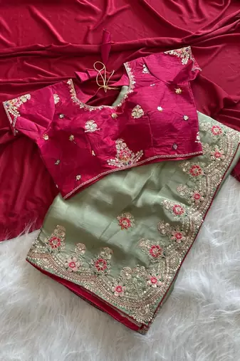 Light Parrot Green Color Golden Embroidery And Dori Work With Sequins Work All Over The Border Fandy Silk Saree