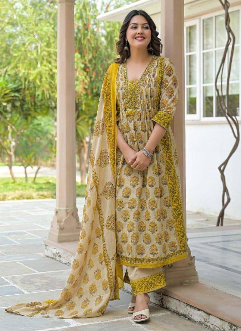 Cotton cambric printed anarkali kurti-pant-dupatta set