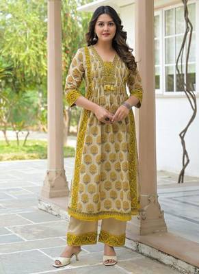 Cotton cambric printed anarkali kurti-pant-dupatta set 2