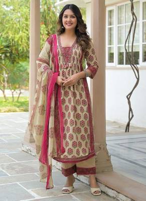 Cotton cambric printed anarkali kurti-pant-dupatta set 1
