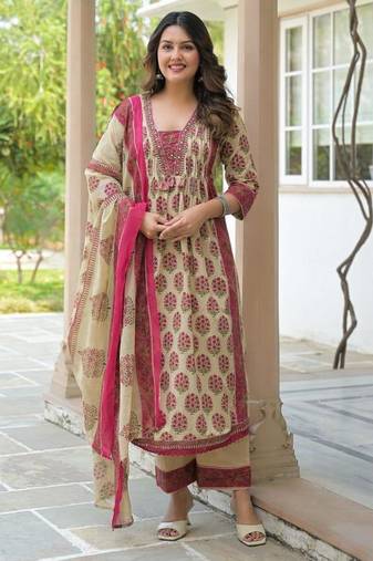 Cotton cambric printed anarkali kurti-pant-dupatta set