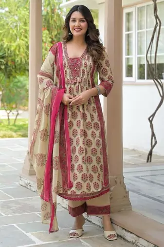 Cotton cambric printed anarkali kurti-pant-dupatta set