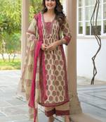 Cotton cambric printed anarkali kurti-pant-dupatta set