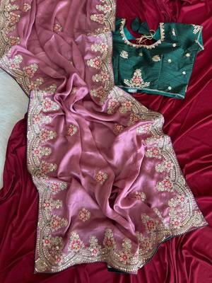 Onion Pink Color Golden Embroidery And Dori Work With Sequins Work All Over The Border Fandy Silk Saree 1