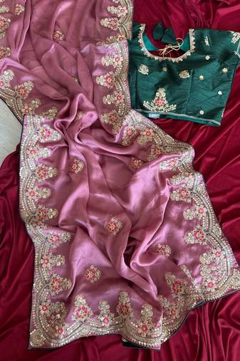 Onion Pink Golden Embroidery And Dori With Sequins All Over The Border Fandy Silk Saree