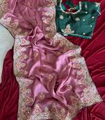 Onion Pink Color Golden Embroidery And Dori Work With Sequins Work All Over The Border Fandy Silk Saree