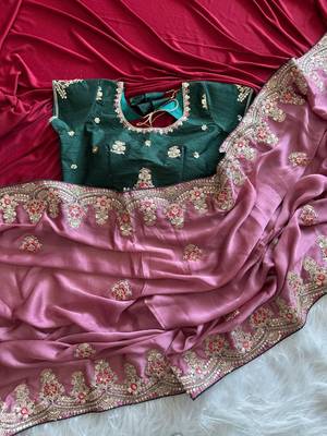 Onion Pink Color Golden Embroidery And Dori Work With Sequins Work All Over The Border Fandy Silk Saree 2