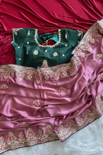 Onion Pink Color Golden Embroidery And Dori Work With Sequins Work All Over The Border Fandy Silk Saree