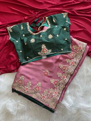 Onion Pink Color Golden Embroidery And Dori Work With Sequins Work All Over The Border Fandy Silk Saree 3