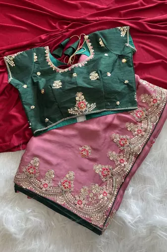 Onion Pink Color Golden Embroidery And Dori Work With Sequins Work All Over The Border Fandy Silk Saree