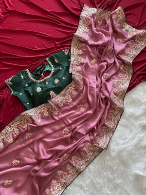Onion Pink Color Golden Embroidery And Dori Work With Sequins Work All Over The Border Fandy Silk Saree 5