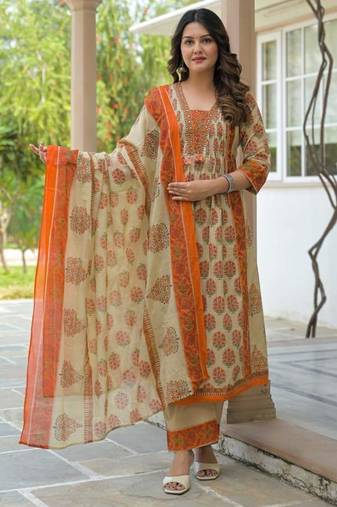 Cotton cambric printed anarkali kurti-pant-dupatta set