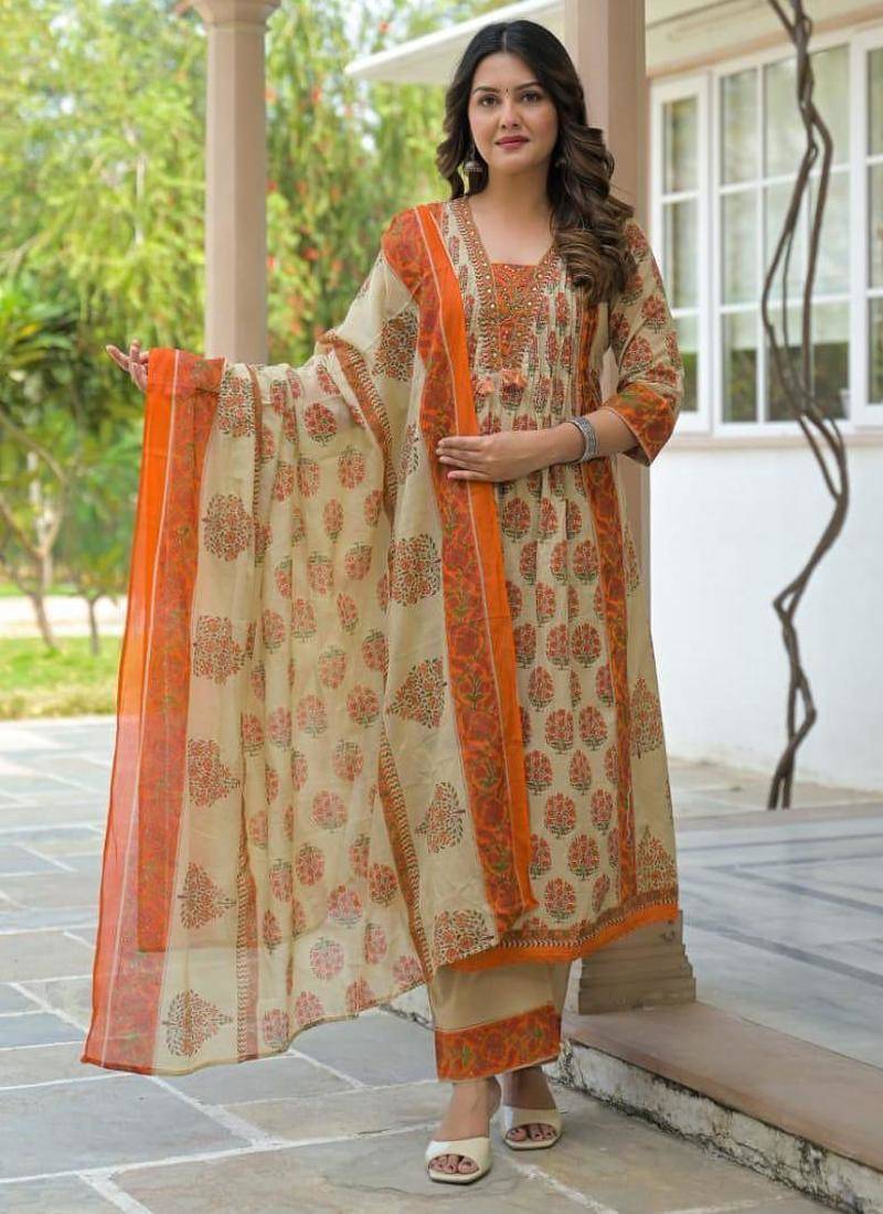 Cotton cambric printed anarkali kurti-pant-dupatta set