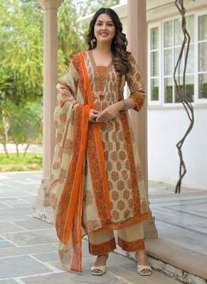 Cotton cambric printed anarkali kurti-pant-dupatta set 2