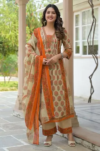 Cotton cambric printed anarkali kurti-pant-dupatta set