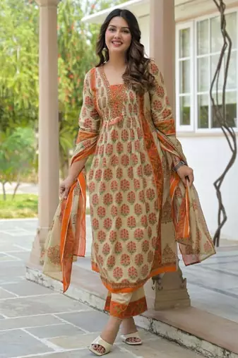 Cotton cambric printed anarkali kurti-pant-dupatta set