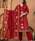 Cotton cambric printed straight kurti-pant-dupatta set