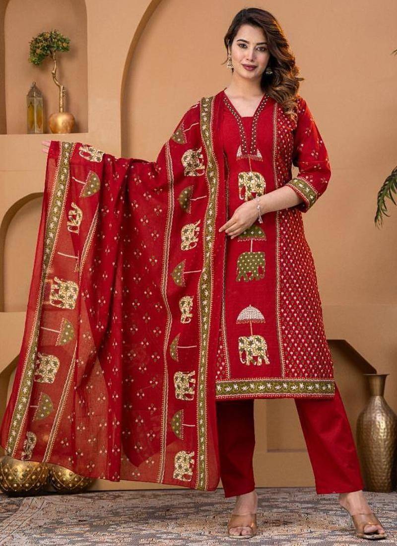 Cotton cambric printed straight kurti-pant-dupatta set