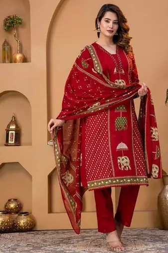 Cotton cambric printed straight kurti-pant-dupatta set