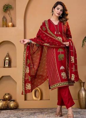 Cotton cambric printed straight kurti-pant-dupatta set 3