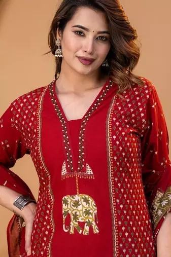 Cotton cambric printed straight kurti-pant-dupatta set