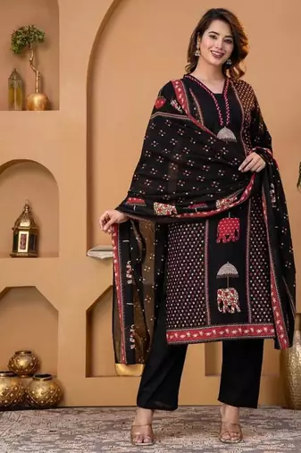 Cotton cambric printed straight kurti-pant-dupatta set