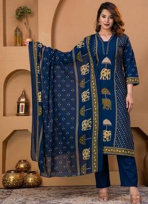 Cotton cambric printed straight kurti-pant-dupatta set 1