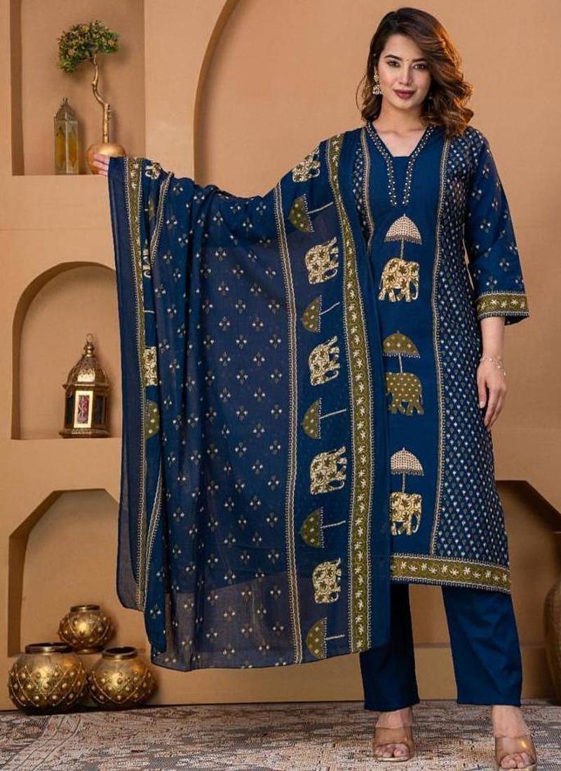 Cotton cambric printed straight kurti-pant-dupatta set