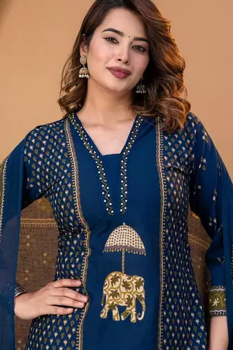 Cotton cambric printed straight kurti-pant-dupatta set