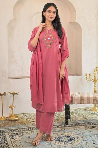 Cotton cambric a-line kurti-pant-dupatta set