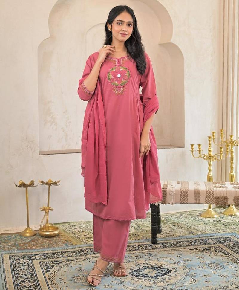 Cotton cambric a-line kurti-pant-dupatta set