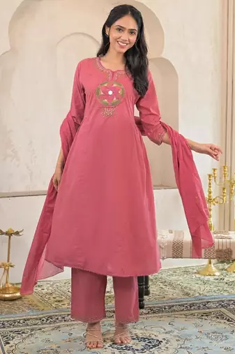 Cotton cambric a-line kurti-pant-dupatta set