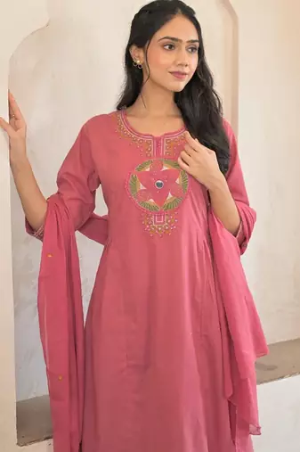 Cotton cambric a-line kurti-pant-dupatta set