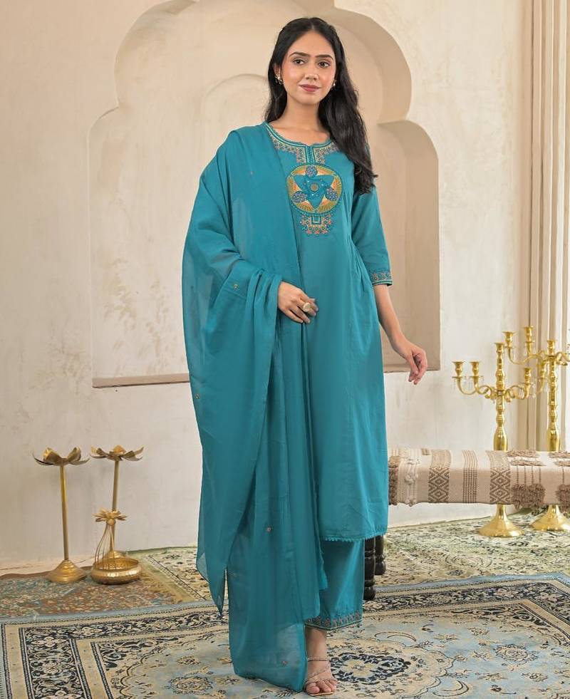 Cotton cambric a-line kurti-pant-dupatta set