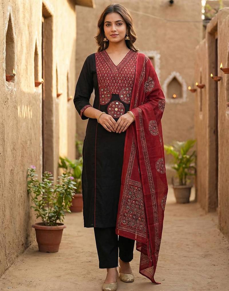Cotton cambric printed a-line kurti-pant-dupatta set