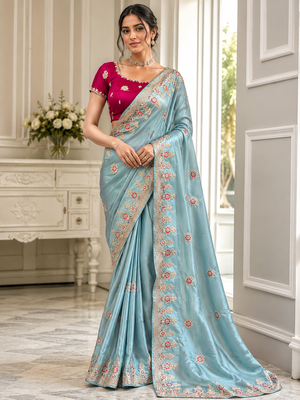 Sky Blue Color Golden Embroidery And Dori Work With Sequins Work All Over The Border Fandy Silk Saree 1