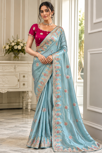 Sky Blue Color Golden Embroidery And Dori Work With Sequins Work All Over The Border Fandy Silk Saree