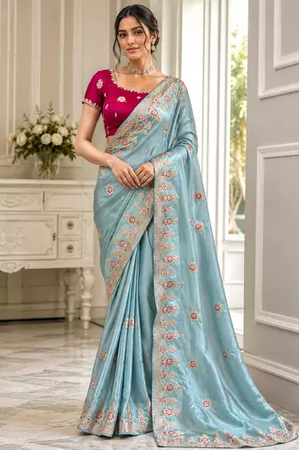 Sky Blue Color Golden Embroidery And Dori Work With Sequins Work All Over The Border Fandy Silk Saree