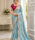 Sky Blue Color Golden Embroidery And Dori Work With Sequins Work All Over The Border Fandy Silk Saree