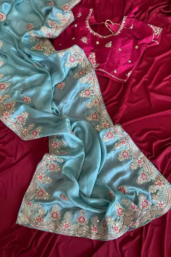 Sky Blue Color Golden Embroidery And Dori Work With Sequins Work All Over The Border Fandy Silk Saree