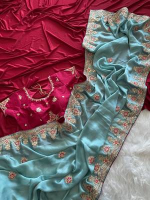Sky Blue Color Golden Embroidery And Dori Work With Sequins Work All Over The Border Fandy Silk Saree 4