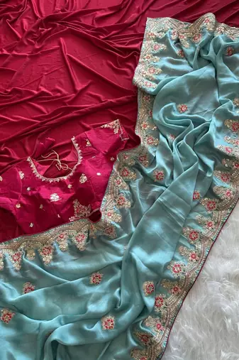 Sky Blue Color Golden Embroidery And Dori Work With Sequins Work All Over The Border Fandy Silk Saree