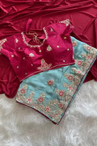 Sky Blue Color Golden Embroidery And Dori Work With Sequins Work All Over The Border Fandy Silk Saree