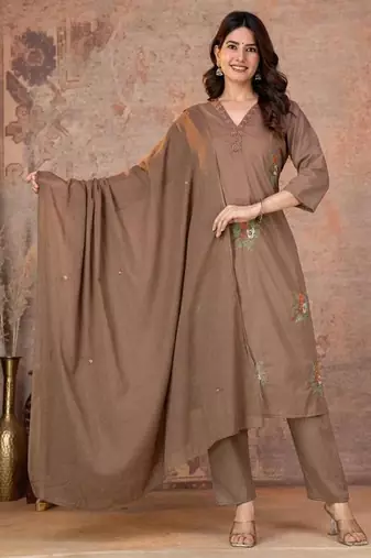 Cotton cambric straight kurti-pant-dupatta set
