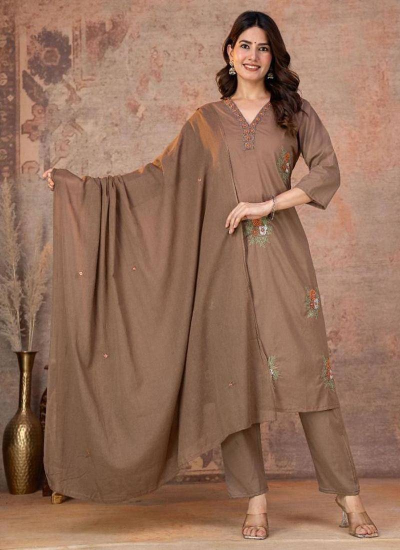 Cotton cambric straight kurti-pant-dupatta set